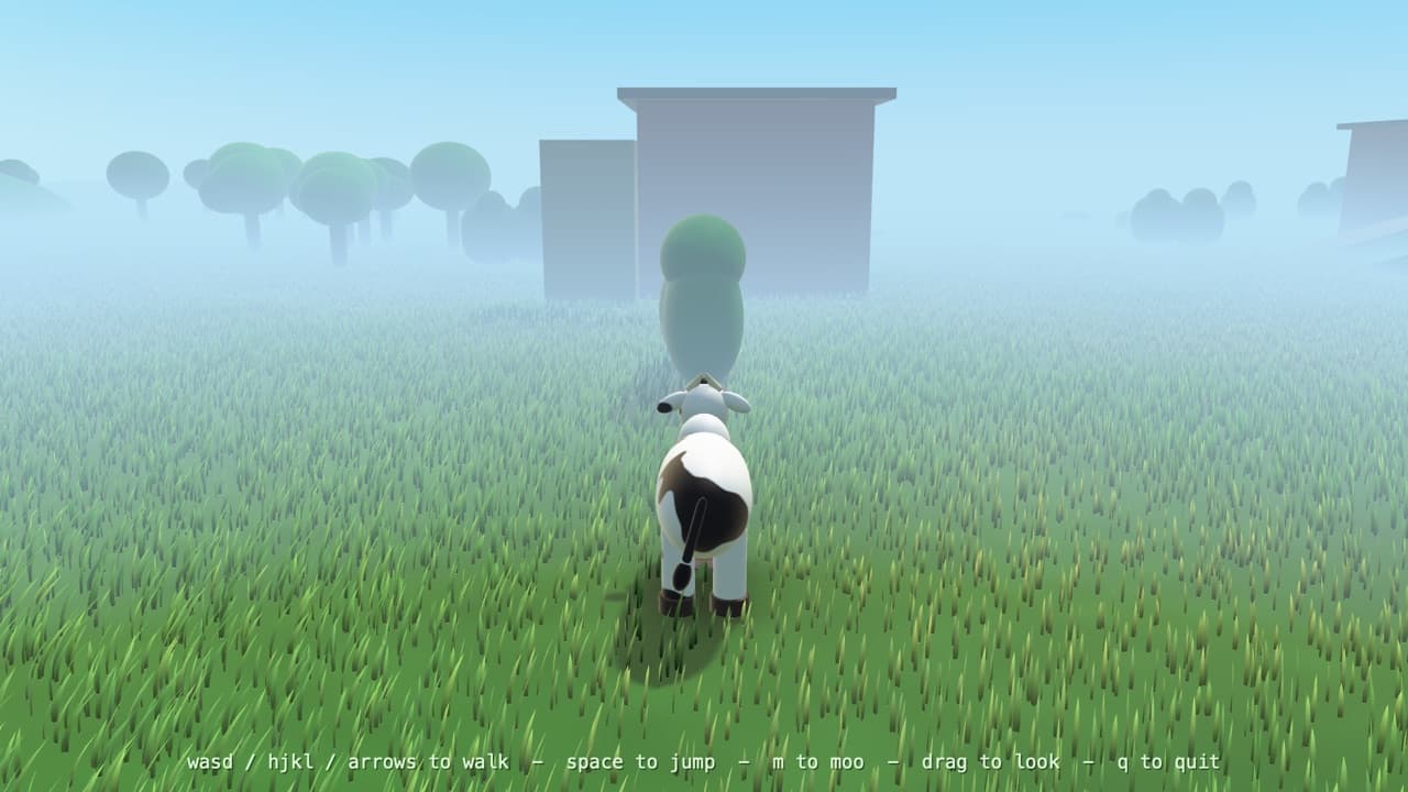 A cow standing in a misty green meadow, with trees, hedges and barns in the fog.