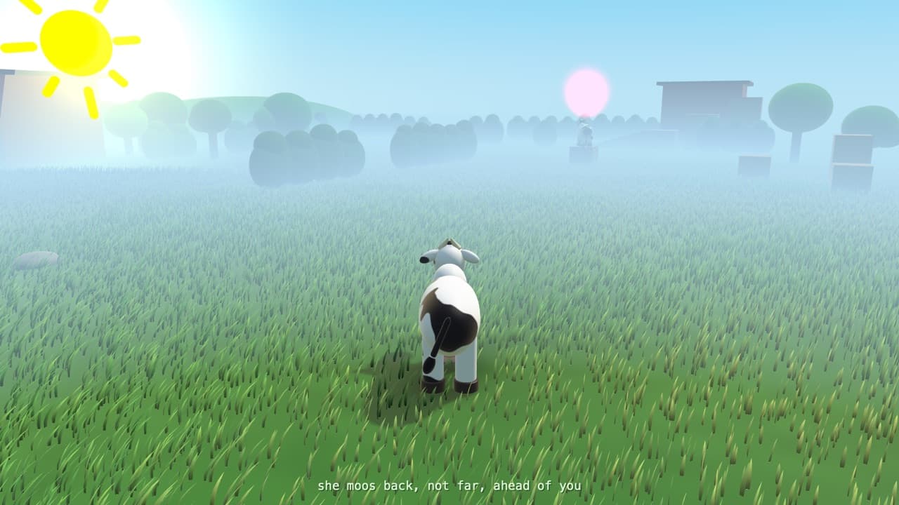 The cow in the meadow under a cartoon sun; a pink glow in the fog shows where the answering moo came from.