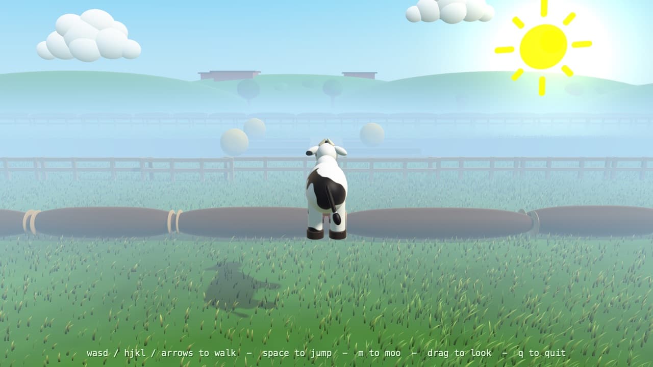 The cow mid-jump over a row of logs, with a fence beyond.