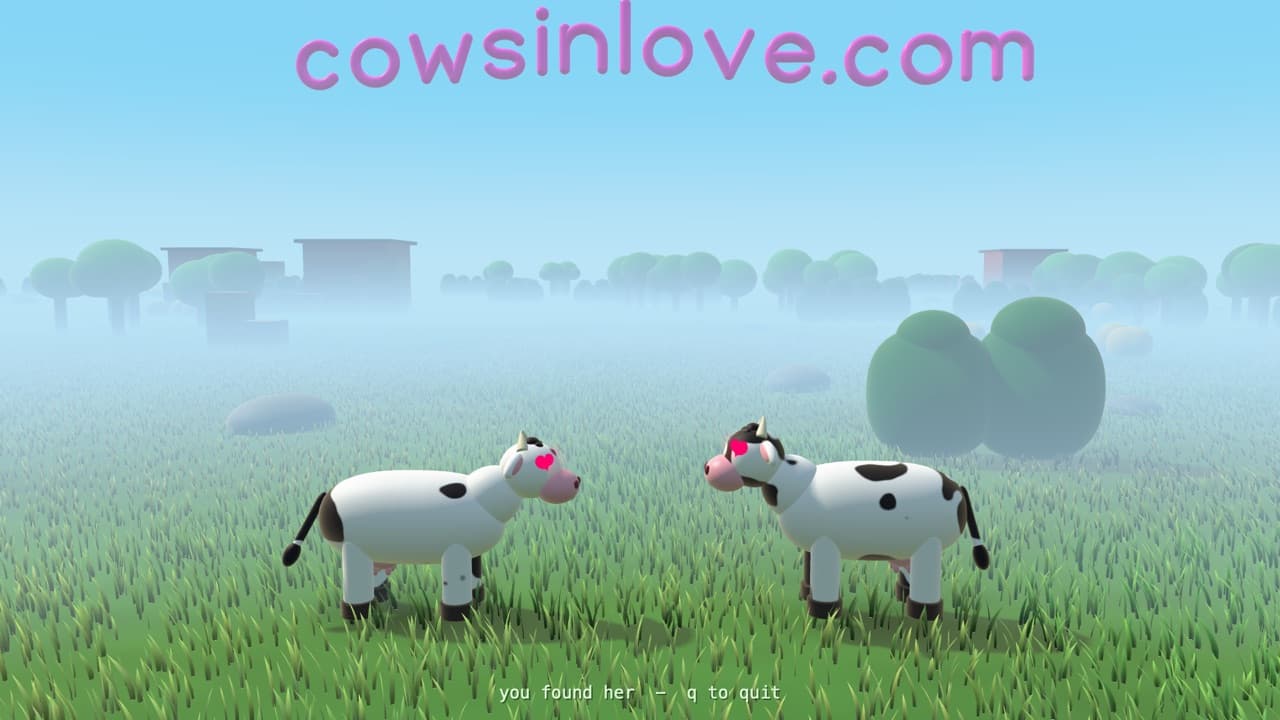Two cows nose to nose with heart eyes, under the title cowsinlove.com.